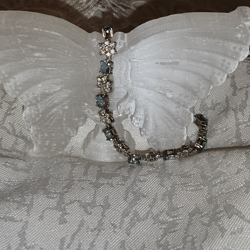 Women's Vintage 925 Aquamarine and Cubic Zirconia Bracelet - Picture 3 of 5